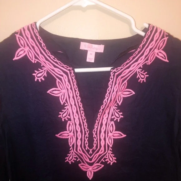 Lilly Pulitzer Amelia Island Embroidered Linen Tunic Blouse Pink Blue XS - Picture 3 of 5